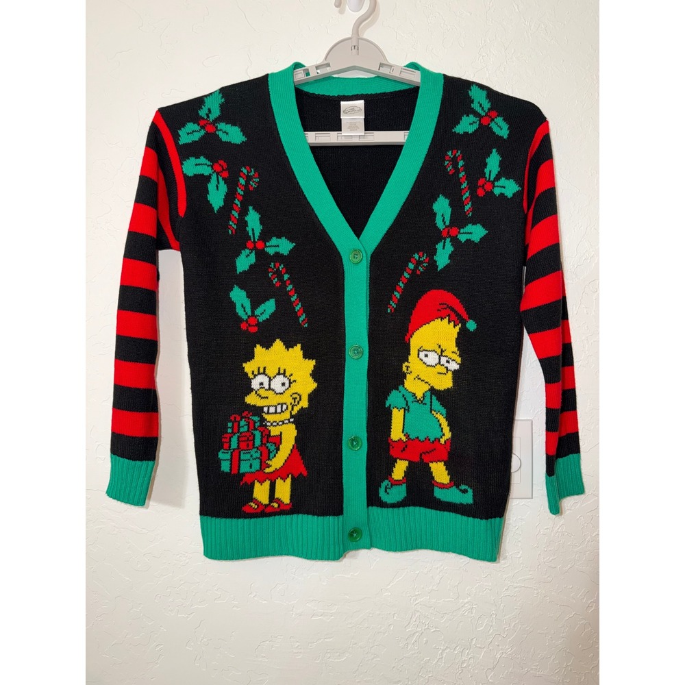 The Simpsons Ugly Christmas Cardigan Sweater Bart Lisa Holiday Knit Top XS EUC
